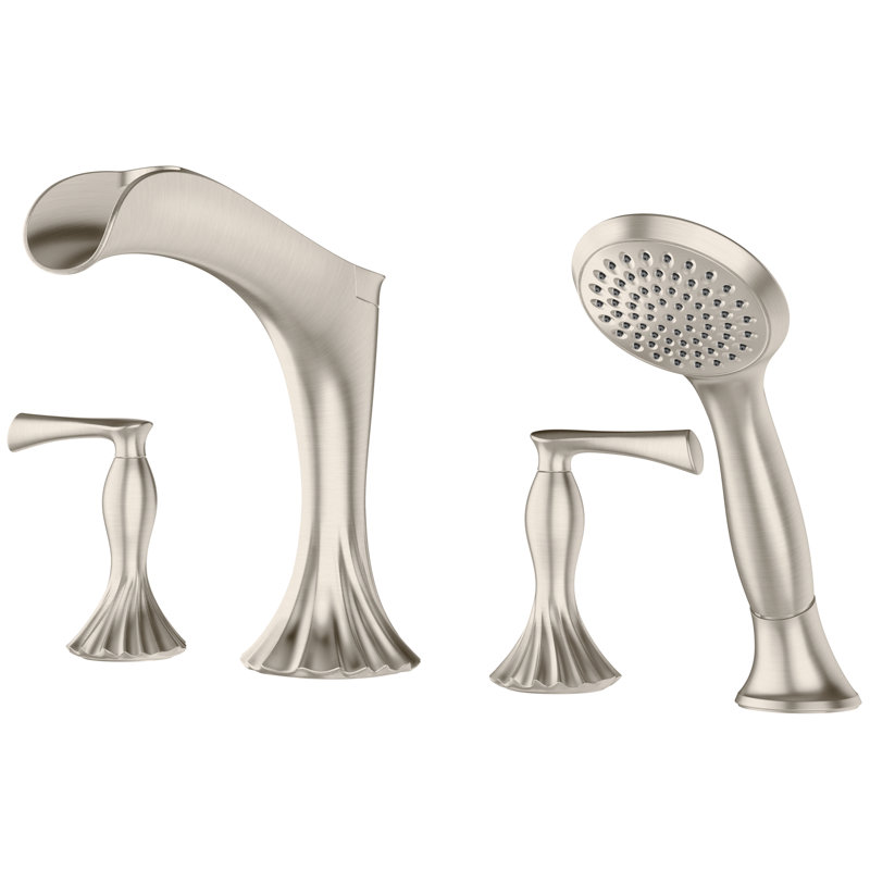 Garniture de robinet de baignoire romaine à deux poignées avec inverseur et douchette Rhen, Nickel brossé