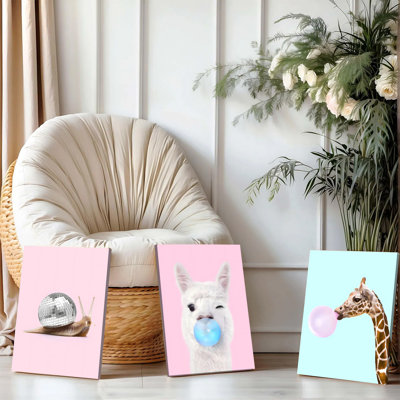 3PCS Wall Arts Posters Framed, Set of 3 Modern Animal Canvas Wall Art Prints - Disco Snail, Llama with Bubble Gum, Giraffe Blowing Bubble - Cute Funky Decor for Kids Room Nursery Playroom Living Room - Colorful Pink Blue Background