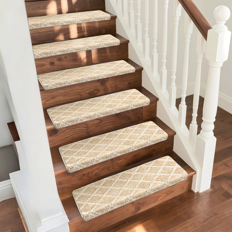 Tapis d'escalier bullnosé antidérapant (ensemble de 16), Treillis crème gris diamant, 16