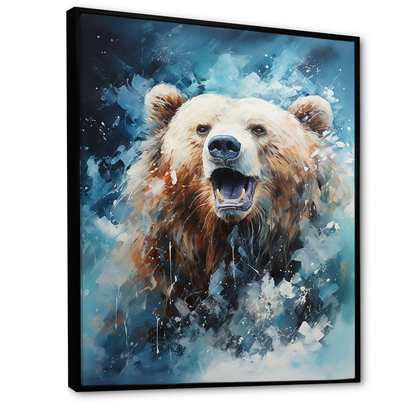 Ours abstrait en mouvement sur toile, H 40 po x l 30 po x P 1,5 po, Cadre flottant noir