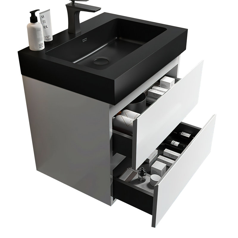 Meuble-lavabo moderne de 24 po, blanc avec lavabo noir, espaces de rangement spacieux, système de fonctionnement silencieux, meuble-lavabo mural et charme, possibilité élargie, aspect fonctionnel, aspect biseauté gracieux