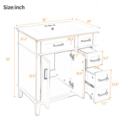 30" Bathroom Vanity with Ceramic Sink, Modern Storage Cabinet with Soft-Close Doors, Deep Drawer & Standard Drawer, Stylish Bath Vanity for Small Bathrooms
