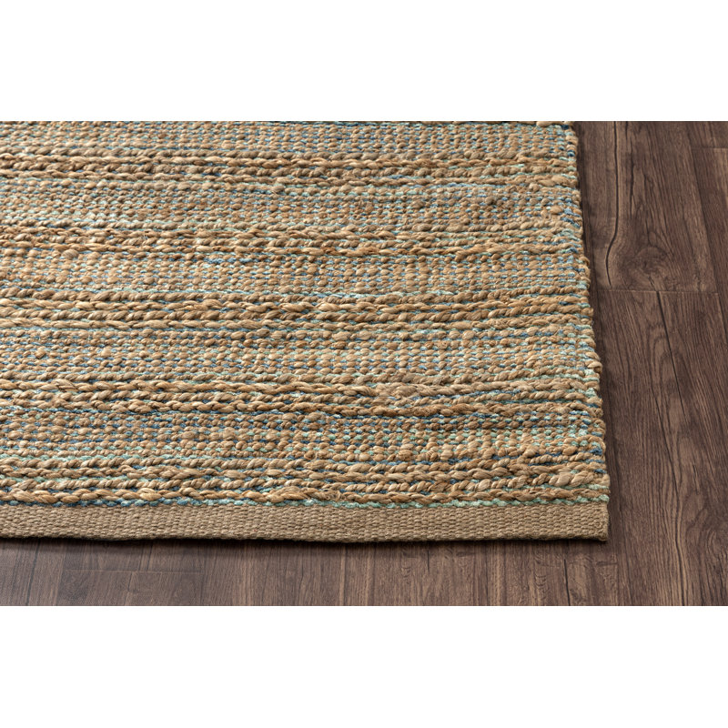 Modern Farmhouse Handmade Natural Fiber Jute Indoor Area Rug with Cotton Backing, Rectangle 9' x 12', Blue/Tan/Teal