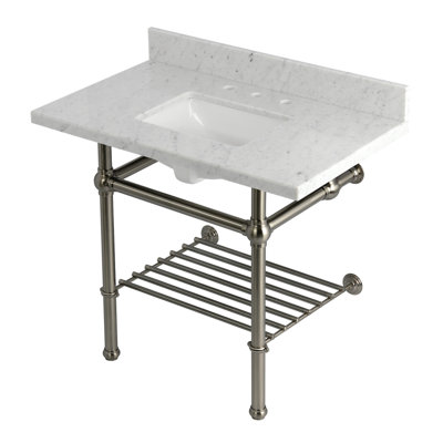 Kingston Brass Templeton 36-Inch Carrara Marble Console Sink with Brass Legs and Shelf (8-Inch, 3-Hole)