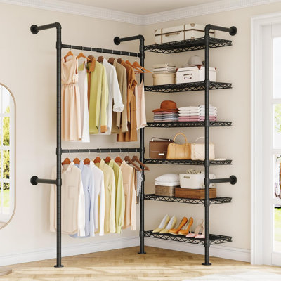 Industrial Pipe Clothing Rack Clothes Racks with 2 Telescopic Rod & 6 Shelves