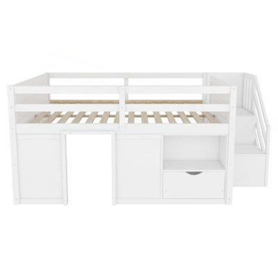 Solid Wood Low Loft Bed Frame with Built-in Stairs, Storage Drawer, Shelf  and 7 Colors LED Light