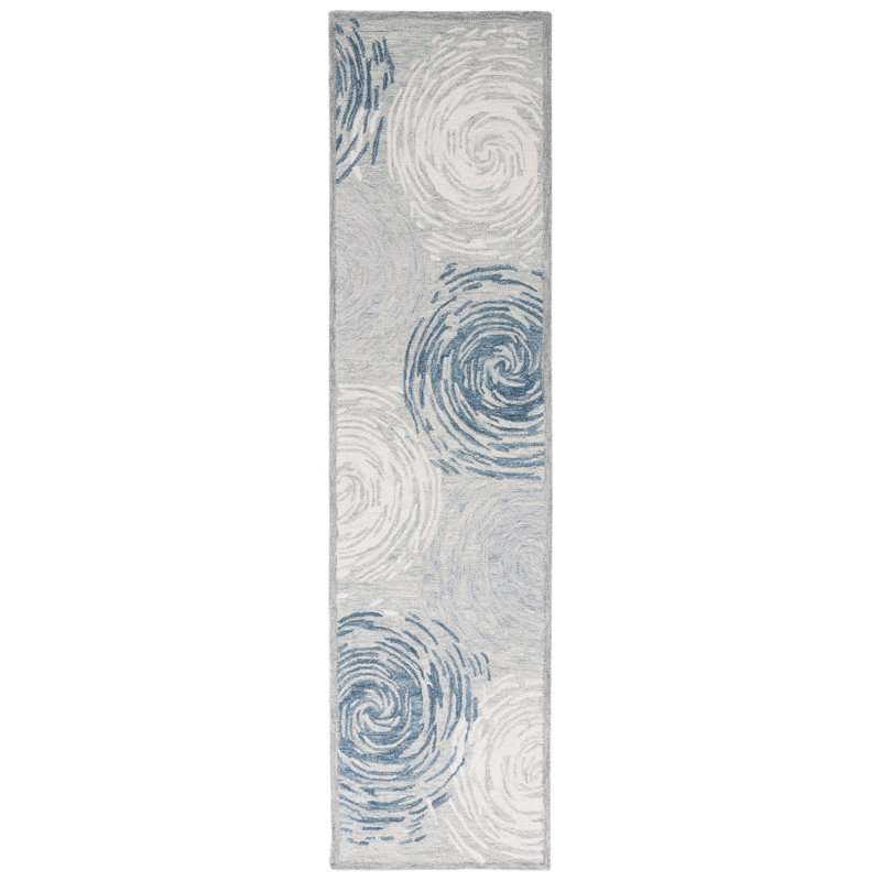 Micro-Loop Hand Tufted Wool/Cotton Geometric Rug in Ivory/Blue, Runner 2'3" x 9'