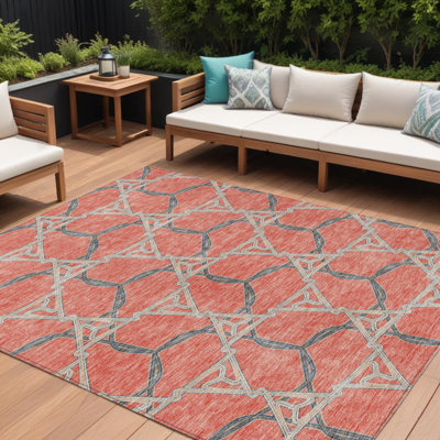 8' X 10' Taupe Geometric Washable Indoor Outdoor Area Rug