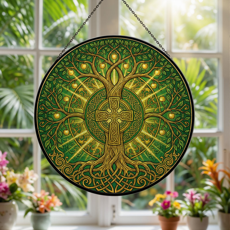 12"H Celtic Tree Stained Glass Window Panel, 12" H x 12" W