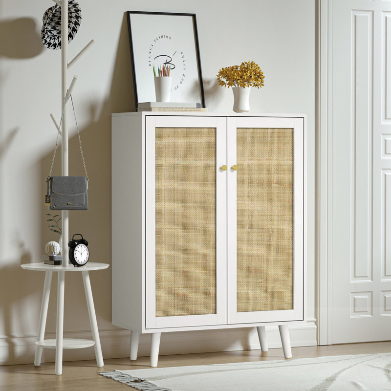White Freestanding Rattan 2-Door Accent Cabinet with Adjustable Shelves