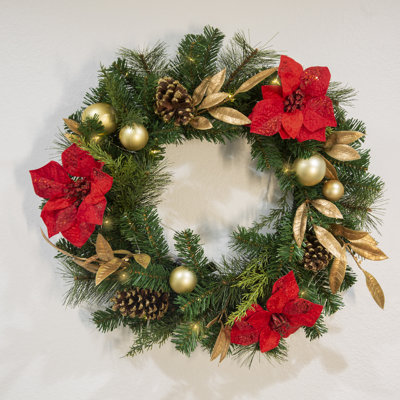 24" Red Ruby Pre-lit Holiday Wreath