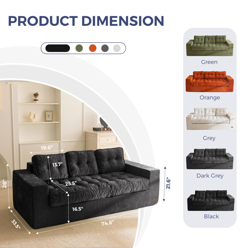 Canapé Bean Bag, causeuse Giant Cozy, Chenille noir, L 74,8 po x P 33,5 po x H 26 po