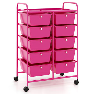 10-drawer Storage Cart Utility Rolling Trolley Kitchen Organizer Hot Pink