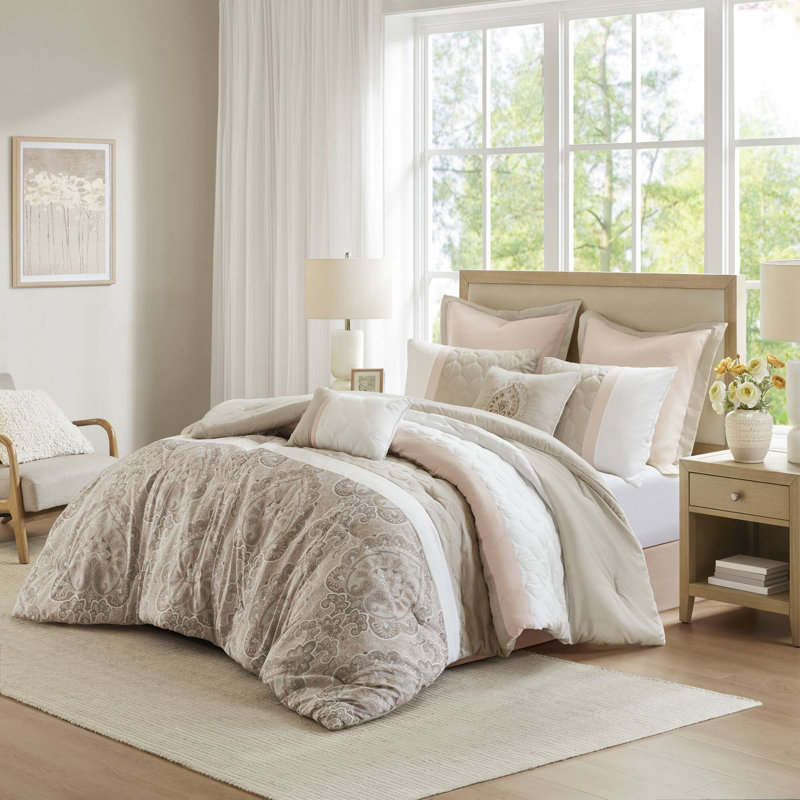 Shawnee 8-Piece Microfiber Damask Comforter Set, King Comforter + 7 Additional Pieces, Blush