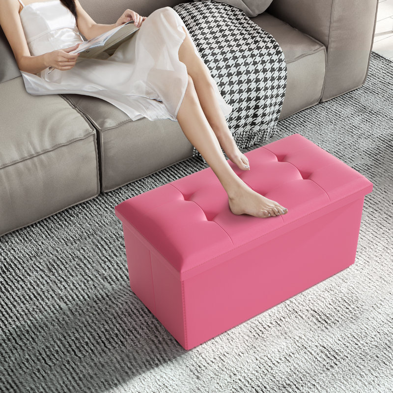 Incera Upholstered Folding Storage Ottoman Bench, Button Tufted Ottoman Footrest, End of Bed Bench, Pink
