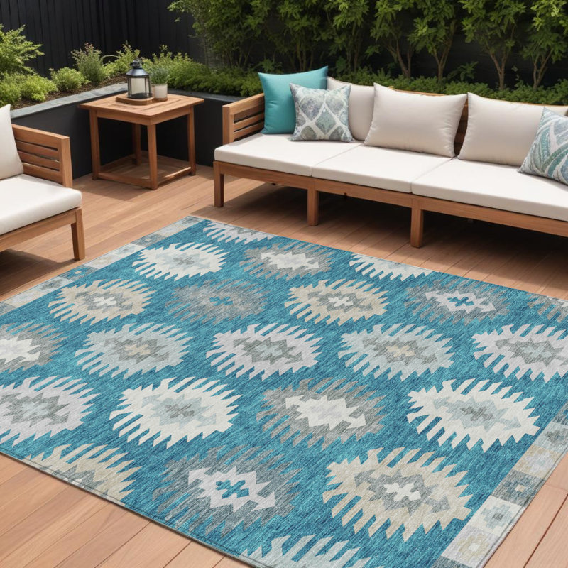 Tapis bleu sarcelle lavable 9 pi x 12 pi ivoire et ivoire Southwestern