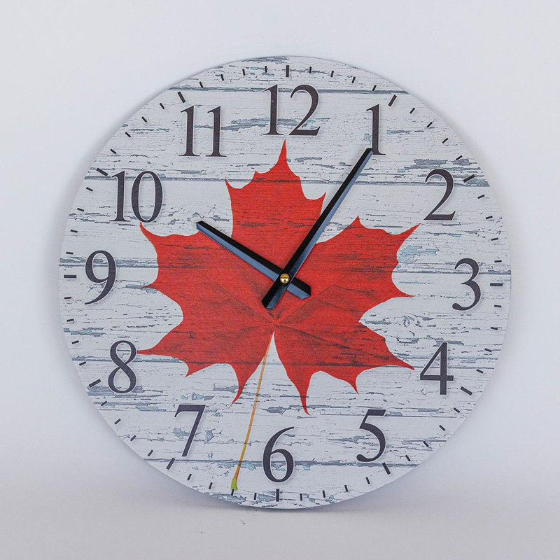 Maple Leaf On A Birch Bark Look Background Wall Clock