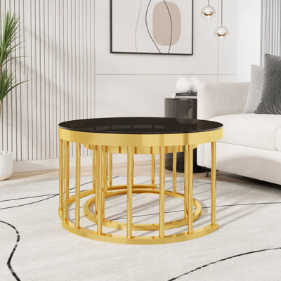 Ensemble de 2 tables basses gigognes rondes dorées avec plateau en verre noir