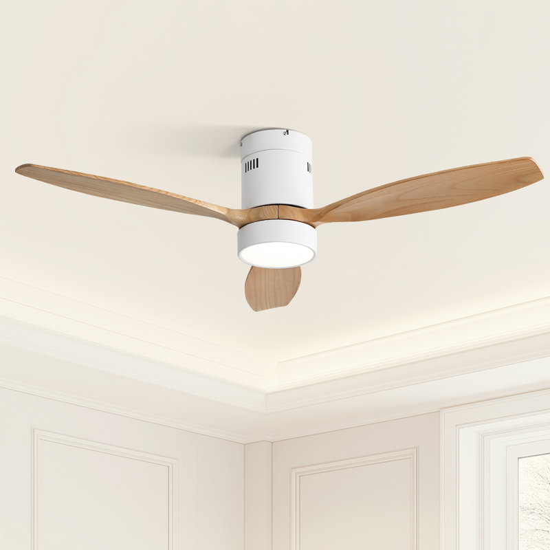 52" 3-Solid Wood Blade Smart Modern Flush Mount Ceiling Fan with Light, Remote, APP, Voice（White&Beige）, Light Yellow
