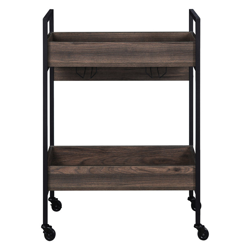 Élégant chariot de service en noyer et noir, 2 tablettes, porte-gobelet, fabrication stable en bois