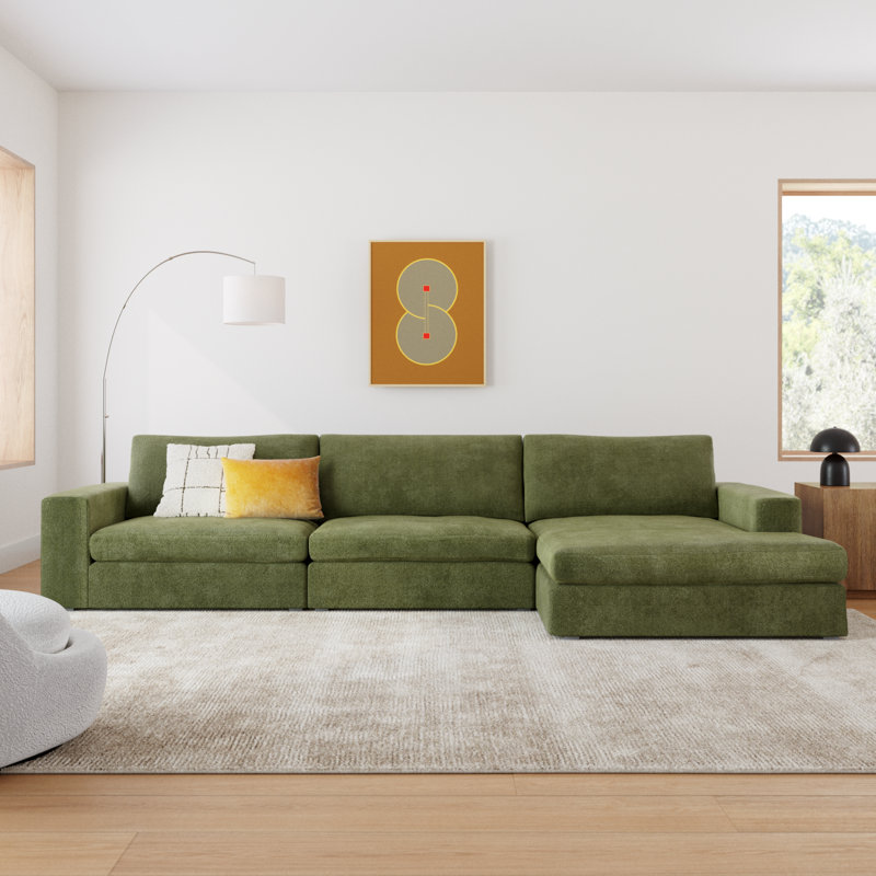 Ojai L-Shaped Foam Padding Sectional, Right Hand Facing, Olive Green Chenille