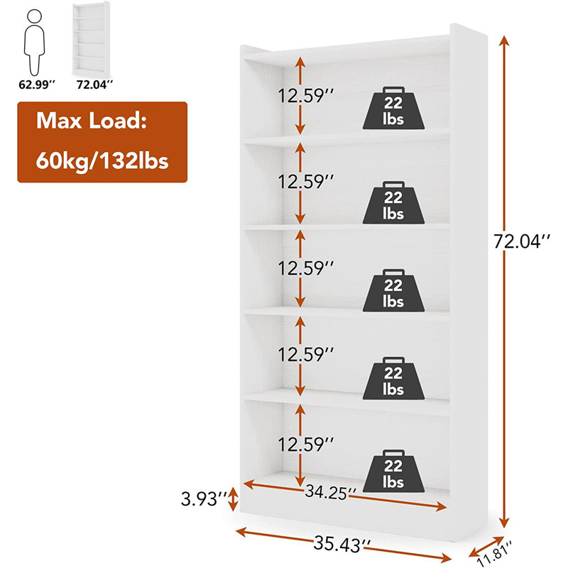 35.4'' W Bookcase, Modern Wood Tall Bookshelf, White, (5 Shelves) 72.04" H x 35.43" W x 11.81" D