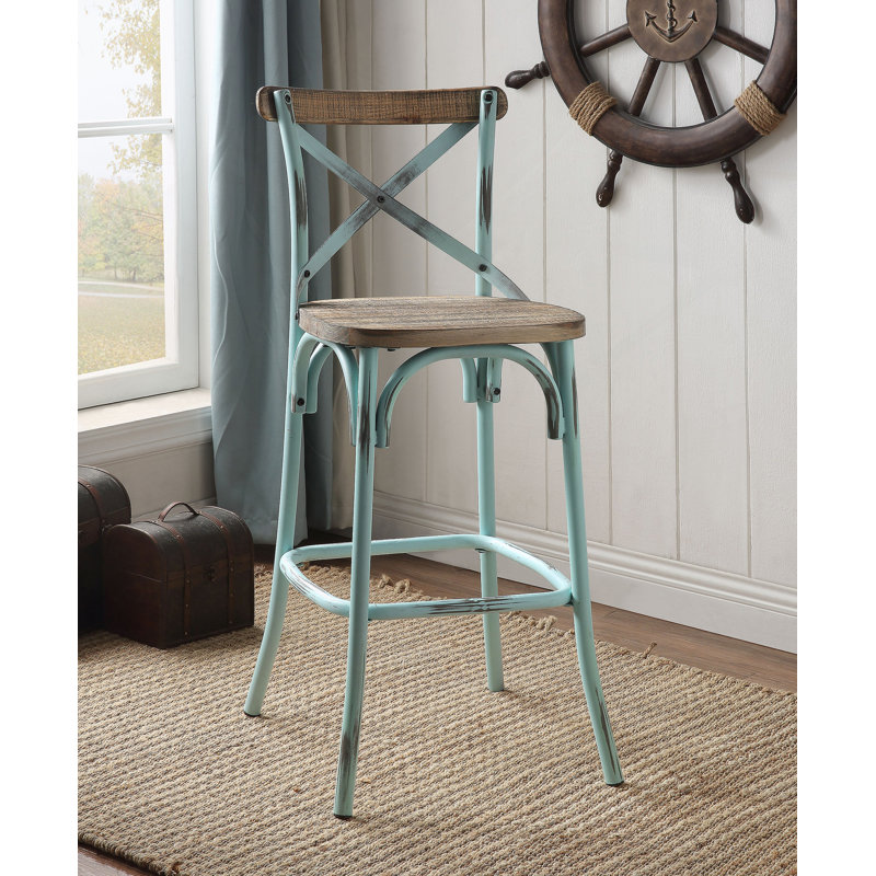 Chaise de bar finition turquoise antique et chêne antique