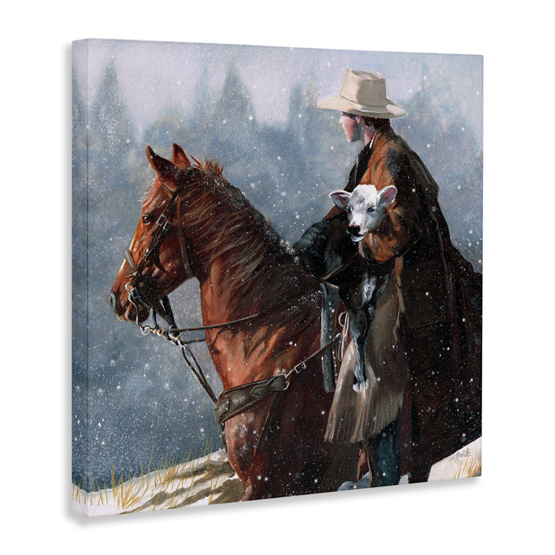 «Cowboy Snow Scene», art mural sur toile par Victoria Schultz, H 17 po x l 17 po