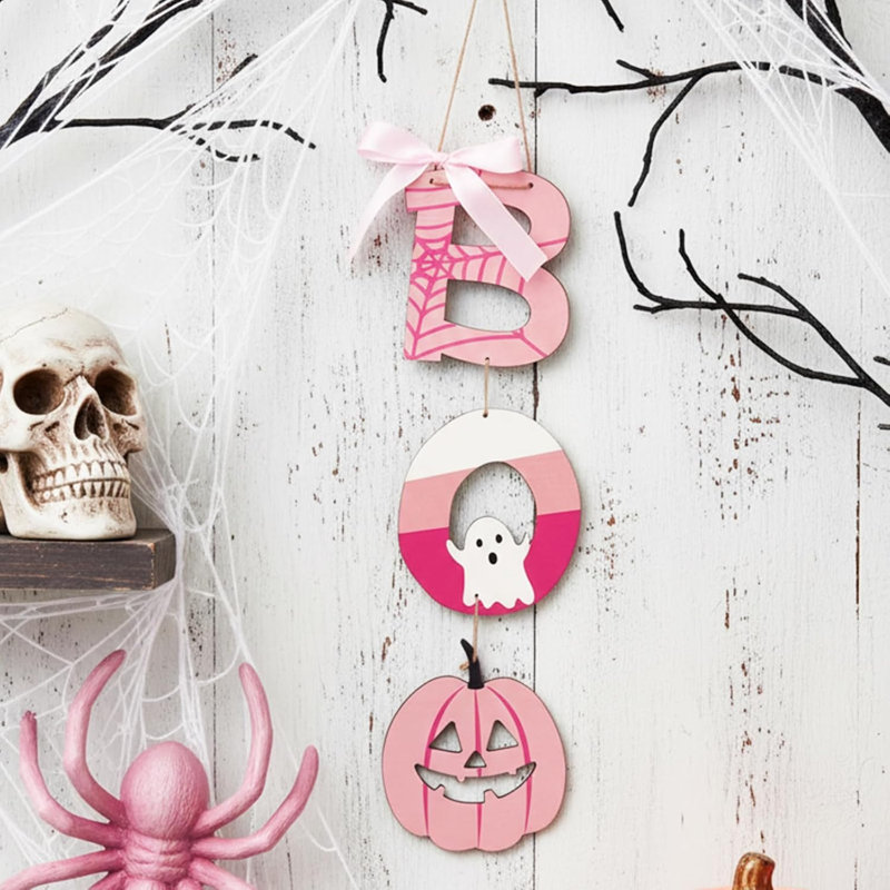 Plaque de porte rose «boo» pour Halloween