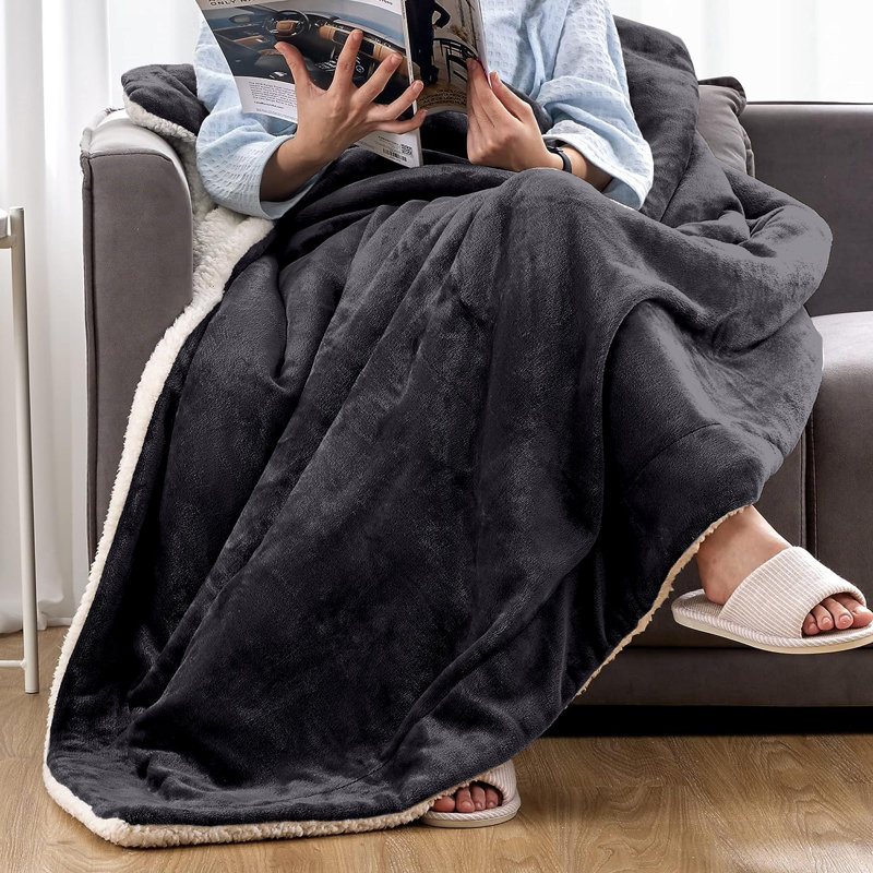 Sherpa Throw Blanket, 130cm W x 150cm L, Grey