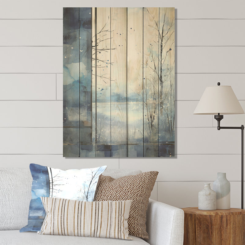 «White and Blue Winter Forest Collage VI», paysage d'hiver sur bois, H 44 po x l 34 po
