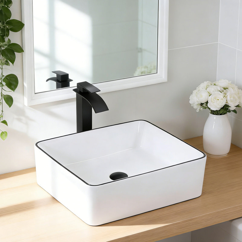 Lavabo rectangulaire de salle de bain 48 x 38 cm (19 x 15 po) en porcelaine blanche, installation facile