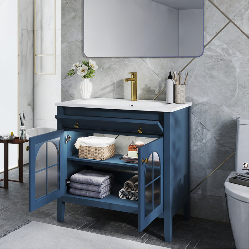 Meuble-lavabo de salle de bain 35,6 po Mid-Century, Blue