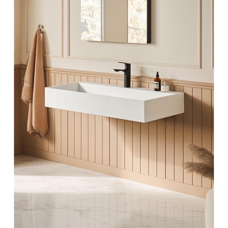 36" X 18" Solid Surface Wall Mounted Rectangle Matte White Bathroom Vessel Sink With Faucet Hole. Spacious For Modern Bath Themes. Stone Resin Attribute. Easy Installation Assurance Bathrooms.