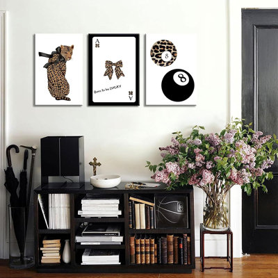 Set Of 3 Trendy 8 Ball Leopard Canvas Wall Art Ace Card Bow Wall Decor Pictures Funky Born To Be Lucky Posters Prints Preppy Aesthetic Cheetah Room Decor For Bedroom Apartment Dorm