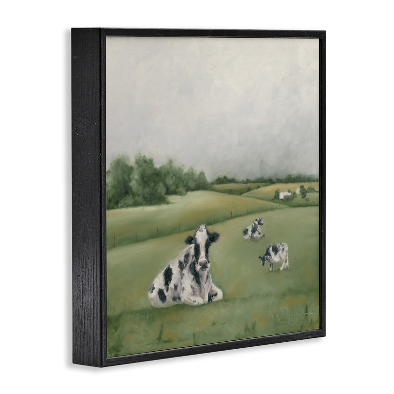Vaches laitières broutant - peinture sur toile, Giclée encadrée noir minuit, H 17 po x l 17 po 