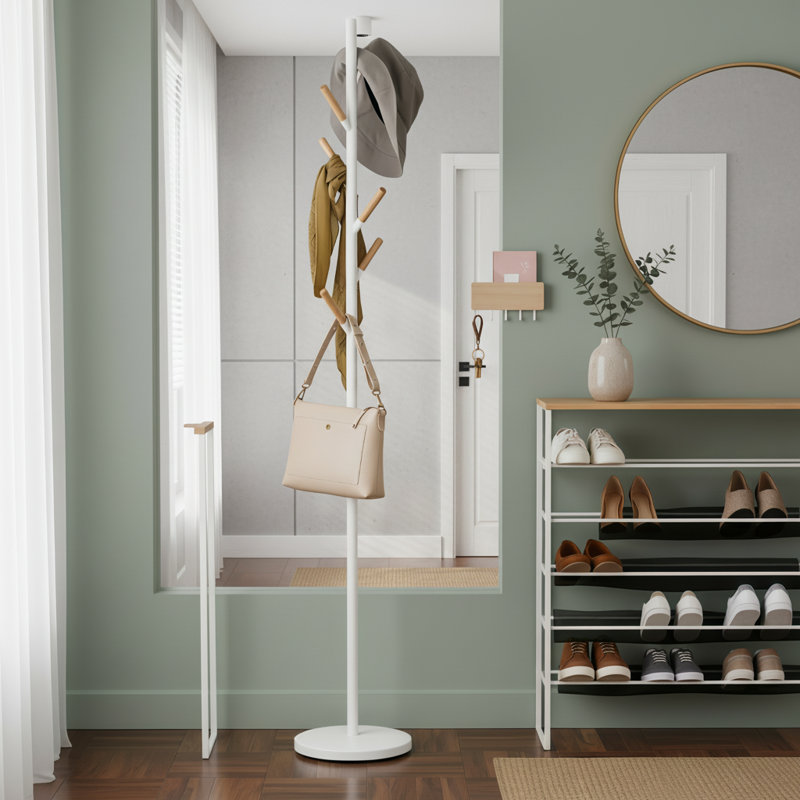White Modern Steel Coat Rack With Cleverly Placed Wooden Hooks, Weighted Base For Stability, Easy To Assemble And Suitable For Entryways.