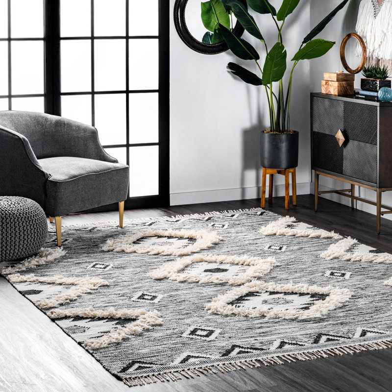 Adi Moroccan Lattice Hand-Knotted Wool Fringed Gray Area Rug, Square 5'
