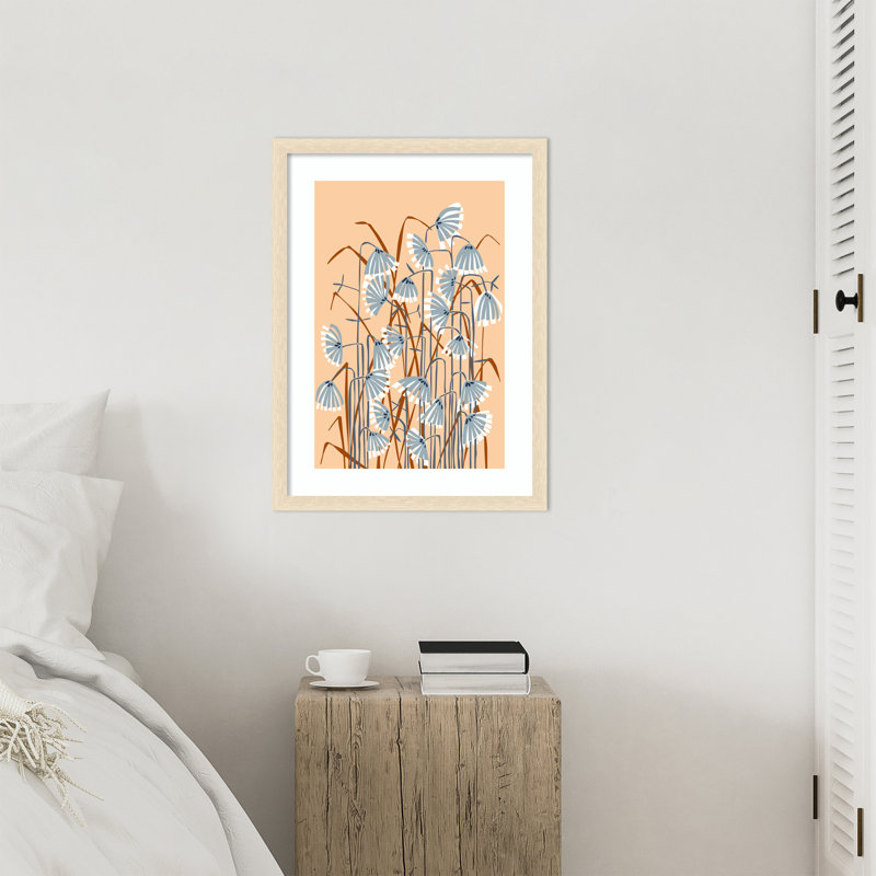 Linogravure, prairie, pêche, pêche par Gadd Wood, H 26 po x l 19 po, Rayures de grain de bois blond