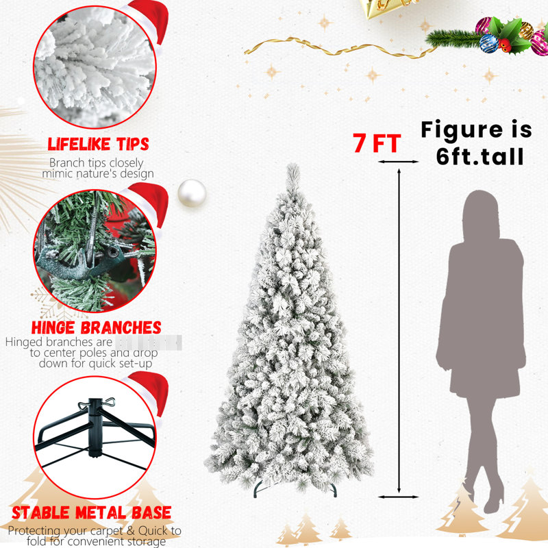 Arbre de Noël 48 pouces floqué, conception recouverte de neige réaliste, 350 pointes, assemblage à charnières, base en métal massif, décoration festive, branches enneigées et à aiguilles de 4 pi, structure, support, événements