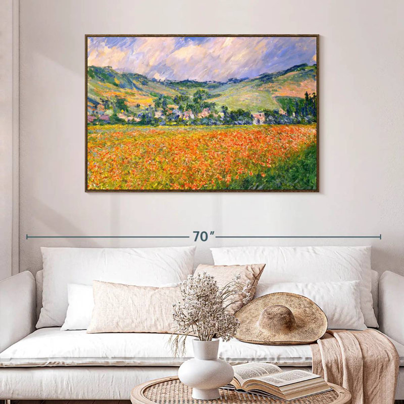 Champ de coquelicots dans un creux près de Giverny, 46 po x 31 po, Cadre flottant noyer