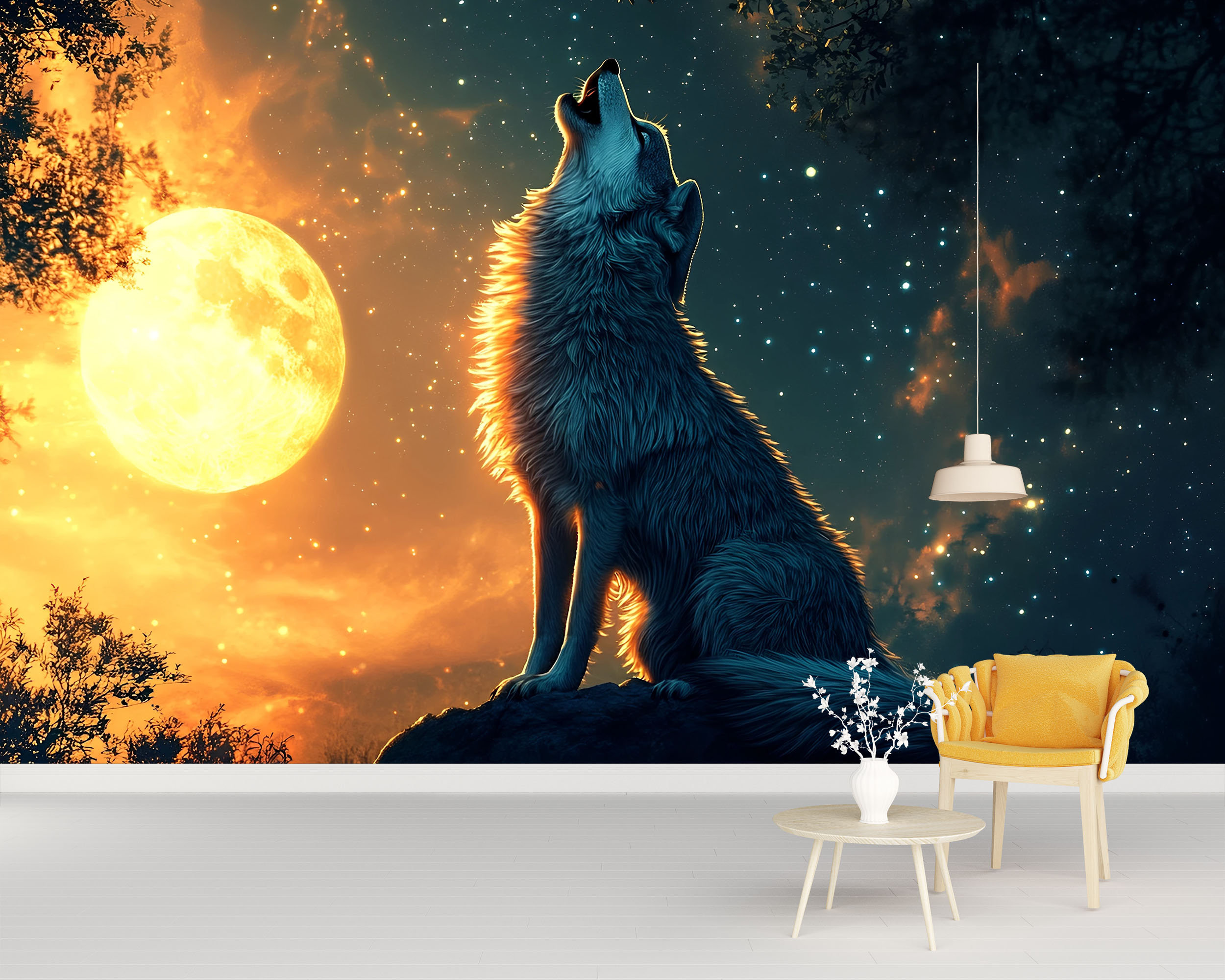 Loon Peak Mystical Wolf Howling At Full Moon Wallpaper With Glowing Sky ...