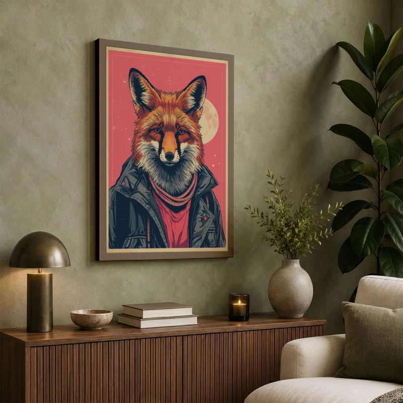 Fox in Navy Jacket Modern - Wrapped Canvas, 36x24 - 91.4 x 61.0 cm, Cream Border