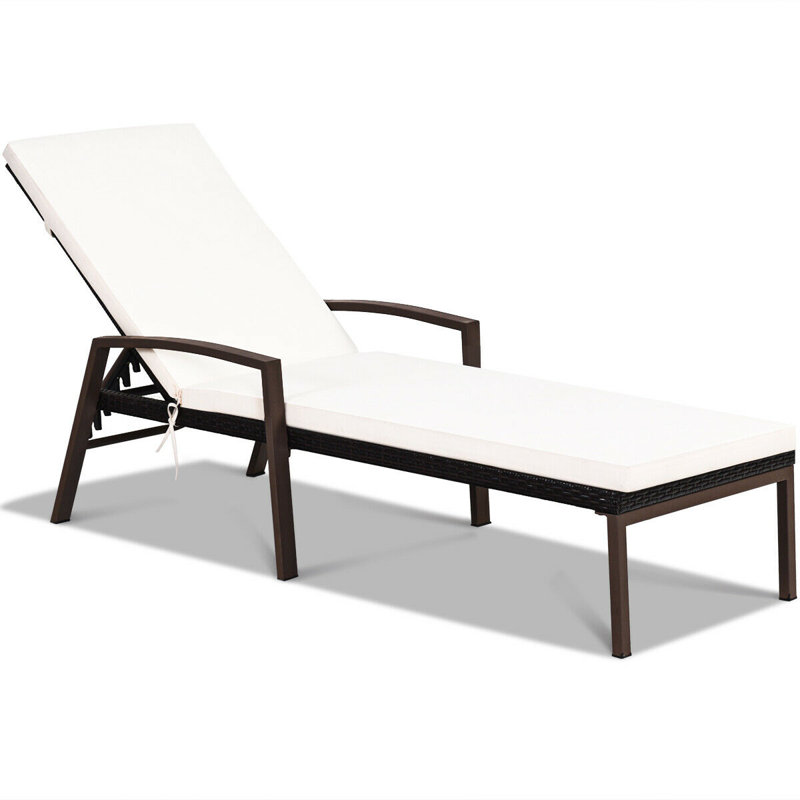 White Steel and Rattan Outdoor Chaise Lounge Set with Cushions