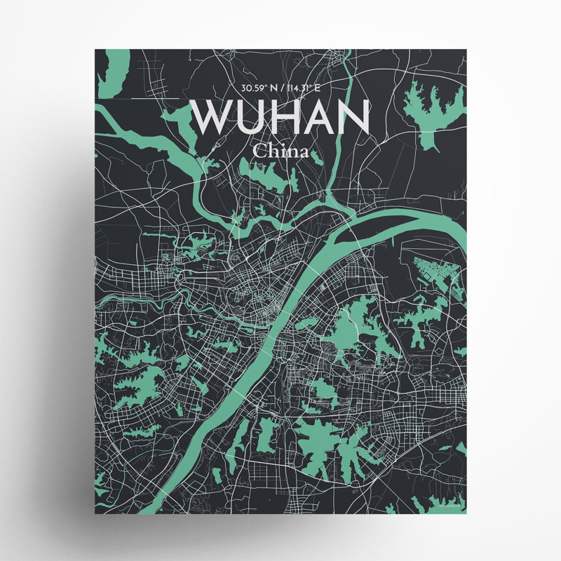 Carte de la ville de Whan, impression, H 20 po x l 16 po, Vert/gris