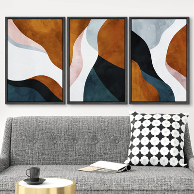 Mid Century Shape "Geometric Wavy Brown And Blue Abstract Framed Canvas Print 3 Pieces Wall Art