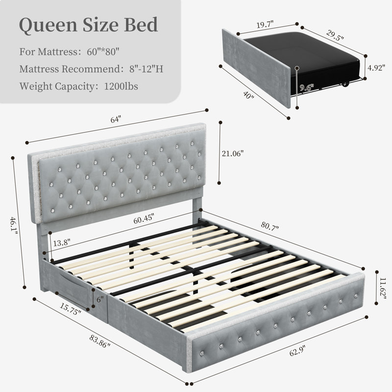 Kendrall Upholstered Platform LED Bed Frame with 2 Storage Drawers, Gray, Queen