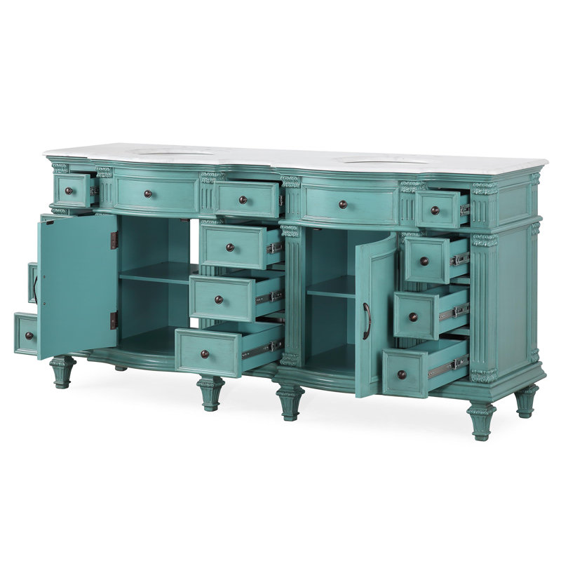 Kehl 72'' Double Bathroom Vanity with Top, Carrara White Marble Top, Green