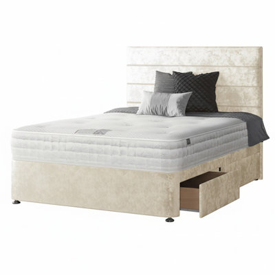 Kiara Stripped Floor Standing Headboard with Divan Base Crush Velvet and Metal Feet