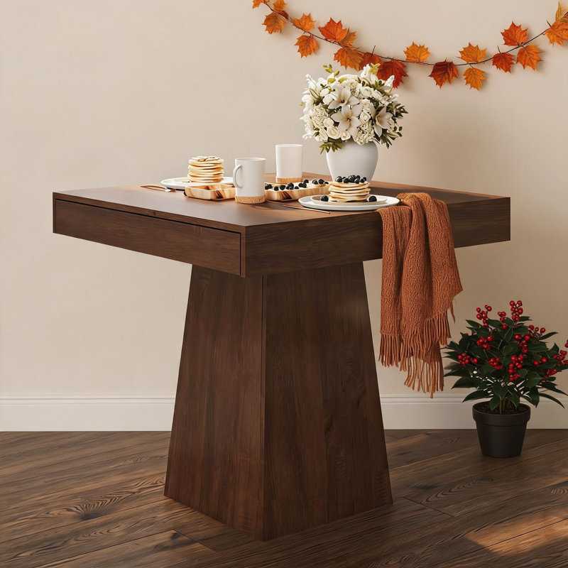 Table de salle à manger carrée de style campagnard de 31,5 pouces pour 2 à 4 personnes, petite table à manger avec 2 tiroirs intégrés – Table de cuisine en bois pour petits espaces, table de coin repas rustique moderne avec base piédestal robuste.